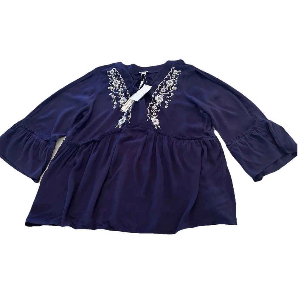 New‎ Spense Embroidered Lace Up Neck Top Babydoll Boho Navy XL Cutout Sleeve